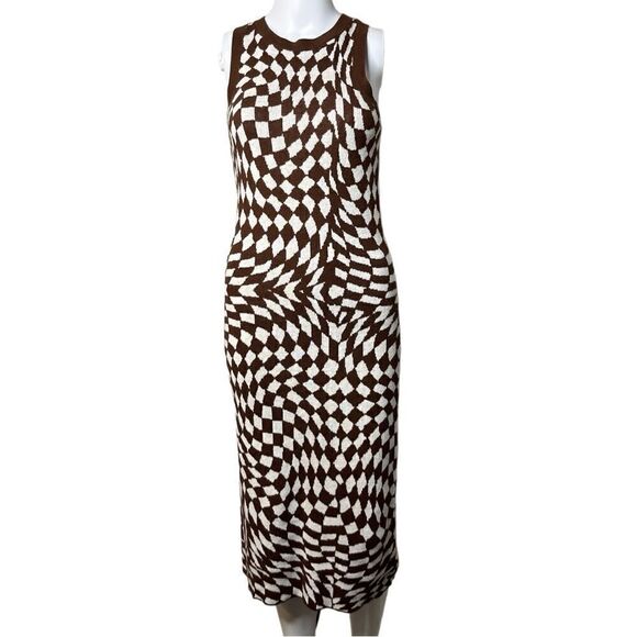 Wild Fable Checkered Jacquard Print Retro Midi Dress Brown & White Size Small - Picture 1 of 5